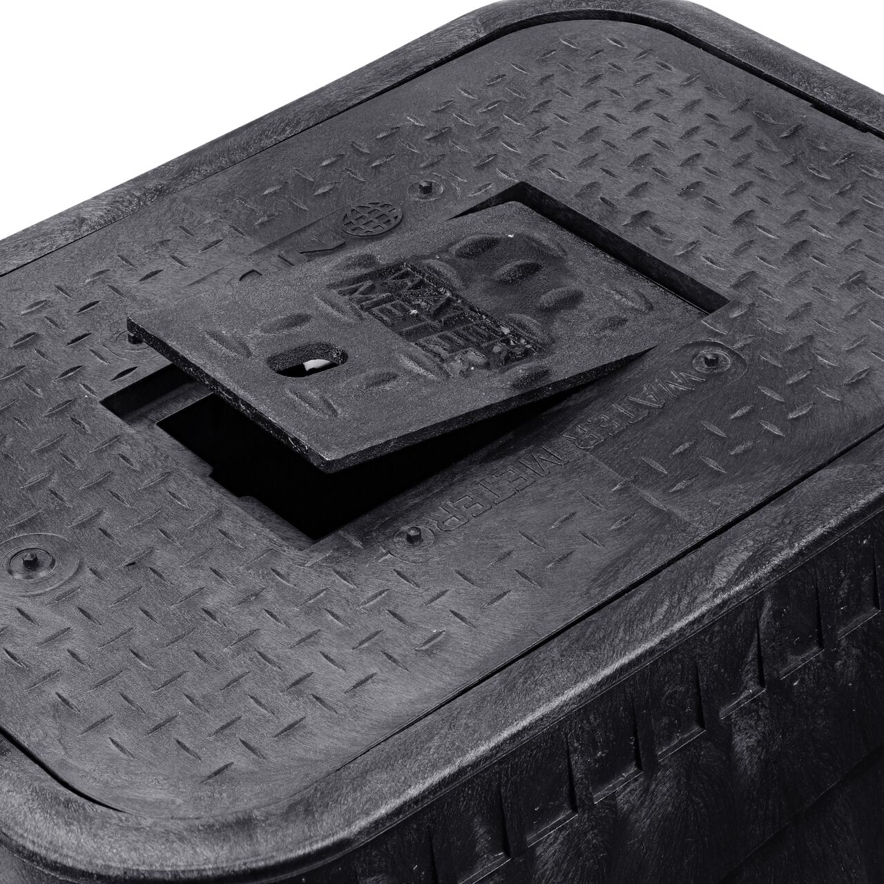 Closeup view of the Cast Iron reader door partially lifted on the NDS 14 in. X 19 in. Rectangular Standard Series Meter Box & Water Meter Cover (NDS D1800-DICIR)