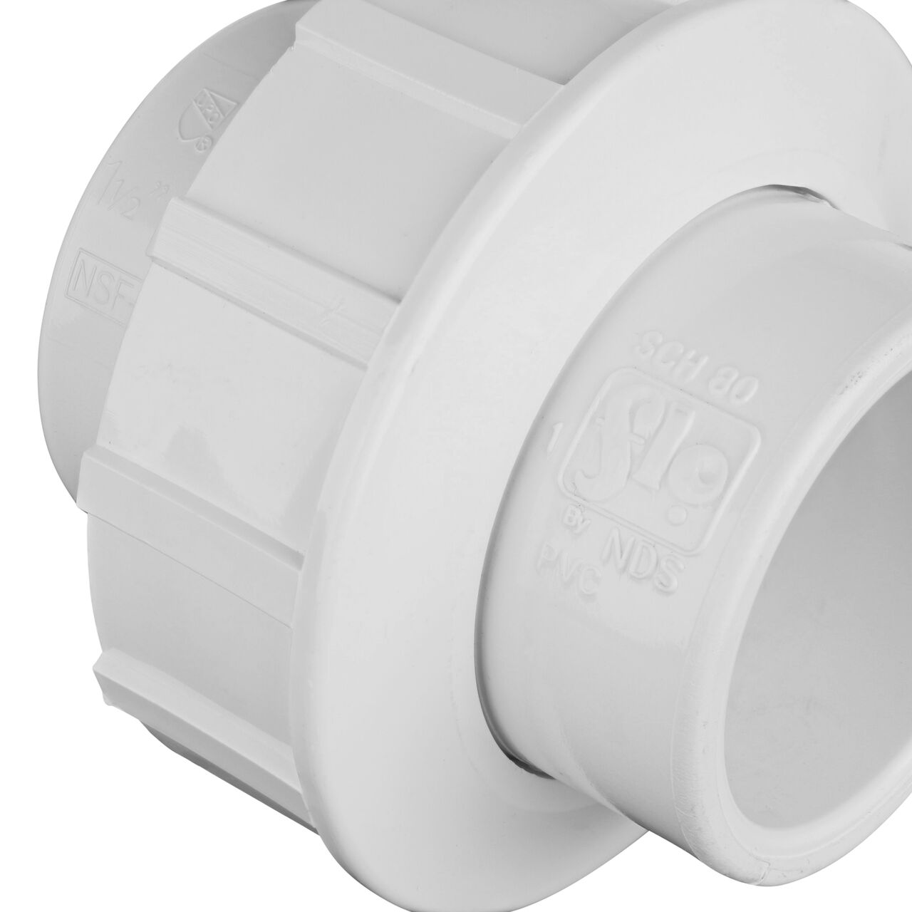 Close up view of the PVC Union, 1-1/2 in. Sch. 40 S X S showing NDS brand a leader in flow management solutions and the preferred choice of professionals since 1972 mark (NDS WU-1500-S)
