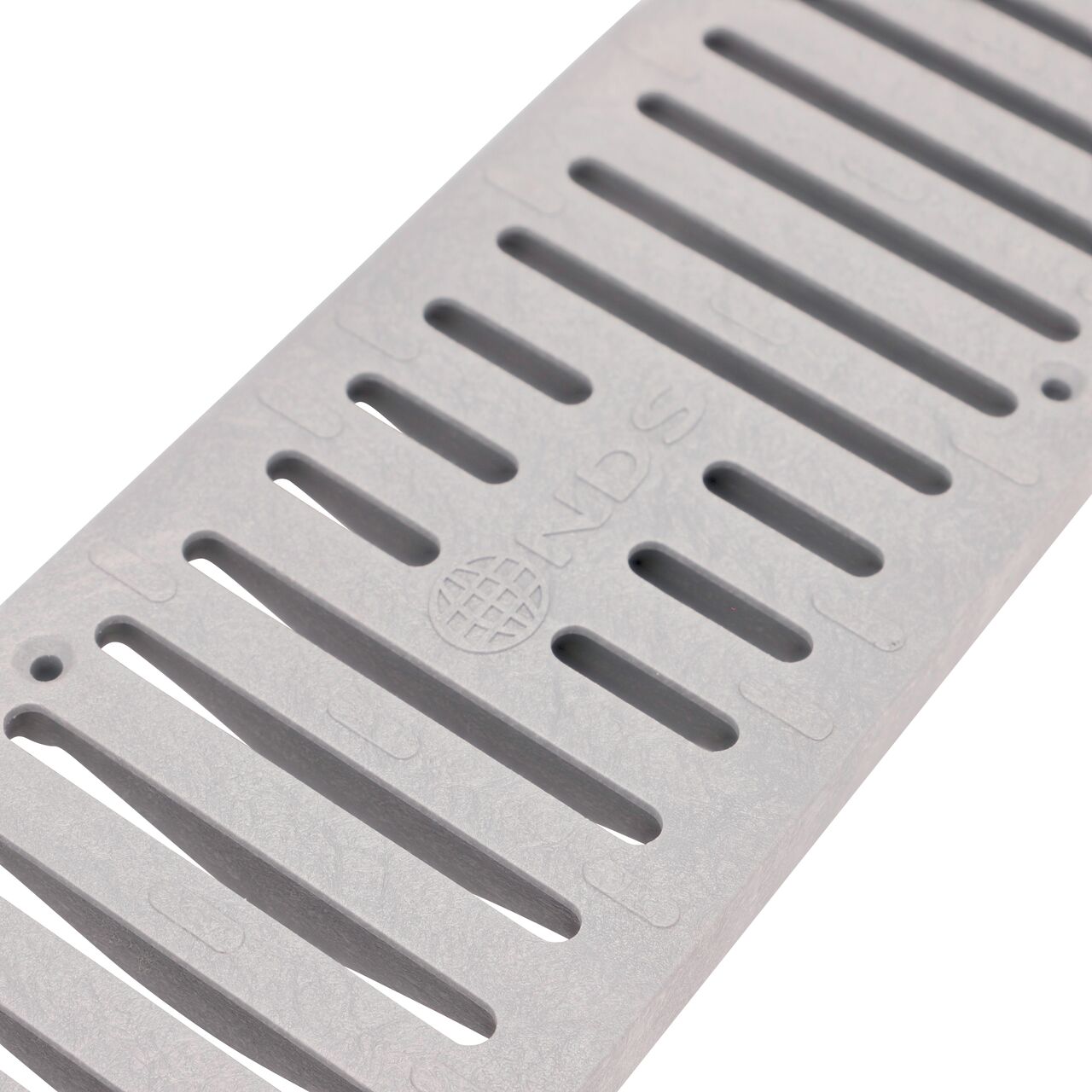 Closeup Angled View of the NDS Spee-D® Channel Drain Grate in Gray Plastic (NDS 241)