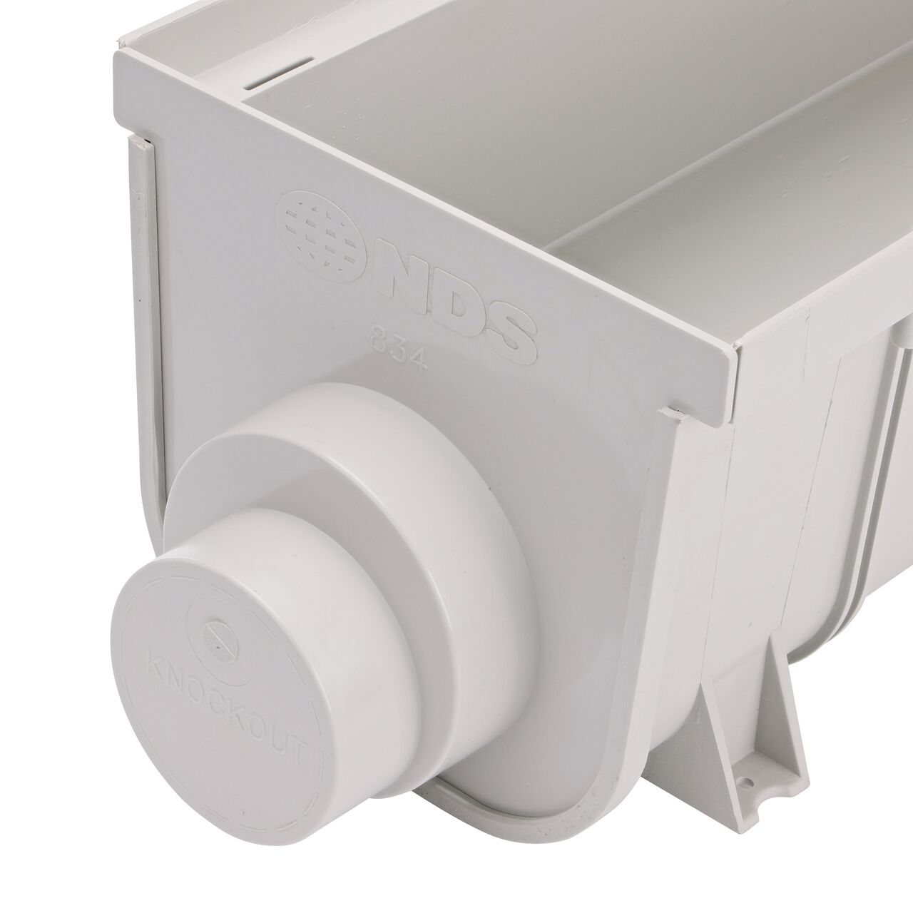 NDS 8 in. Pro Series Channel™ Drain End Cap/End Outlet (NDS 834) installed on the Deep Profile Channel Drain (NDS 833)