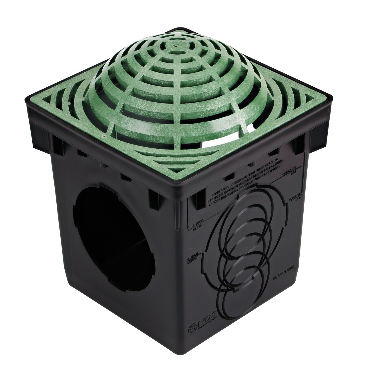 Green Plastic 12 in. Square Atrium Catch Basin Drain Grate (NDS 1280) installed on a black plastic 12 in. Catch Basin Drain with 2 Openings (NDS 1200)