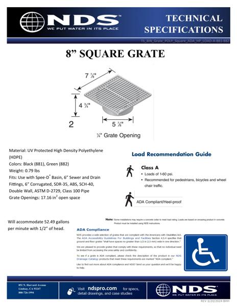 NDS 8 in. Square Drainage Grates for Pipes & Fittings Tech Spec