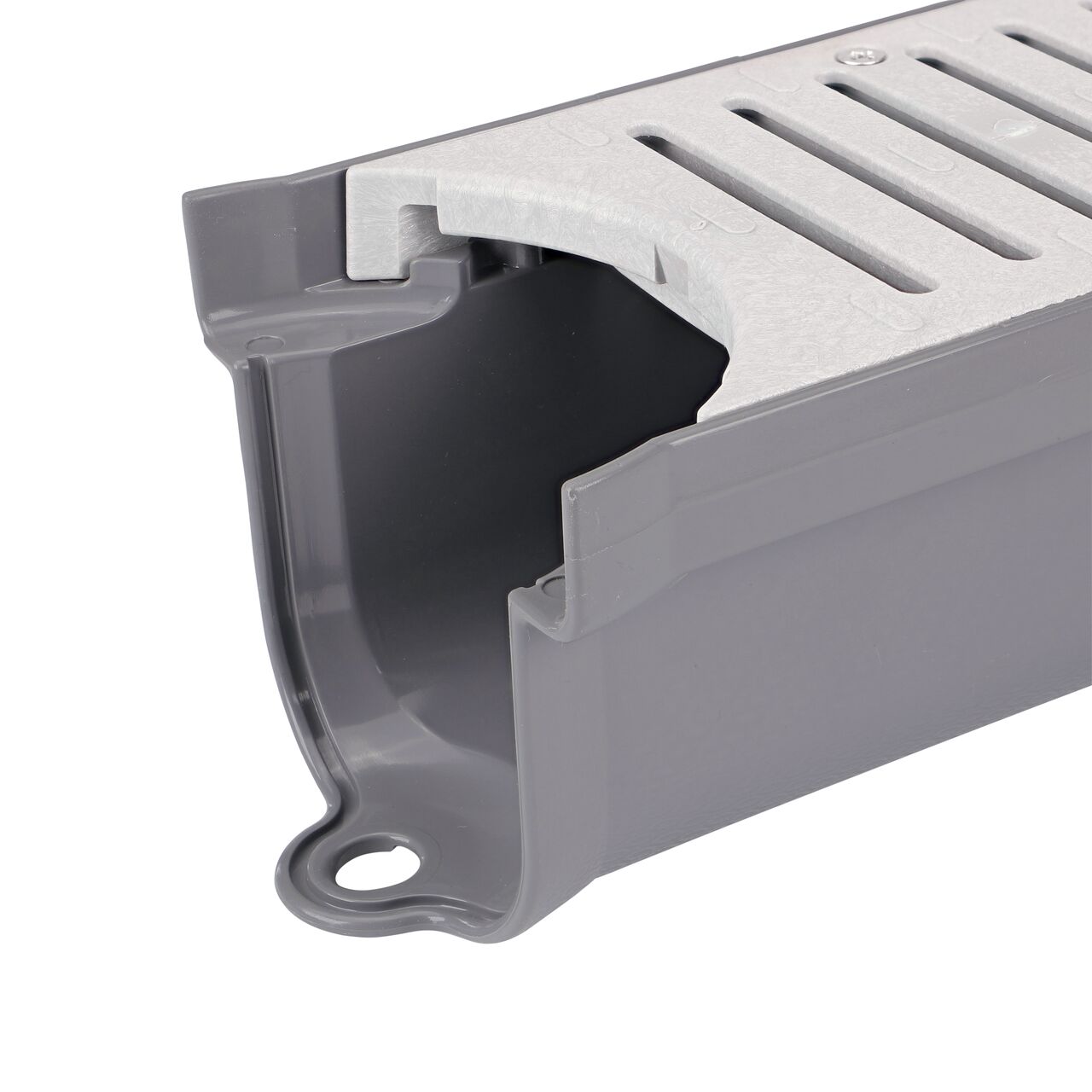 Closeup of the inside of the start end on the NDS Spee-D® Contour™ Channel Drain Start & End Kit (NDS 400-ACSE-WH) that connects to the middle pieces to form the curves