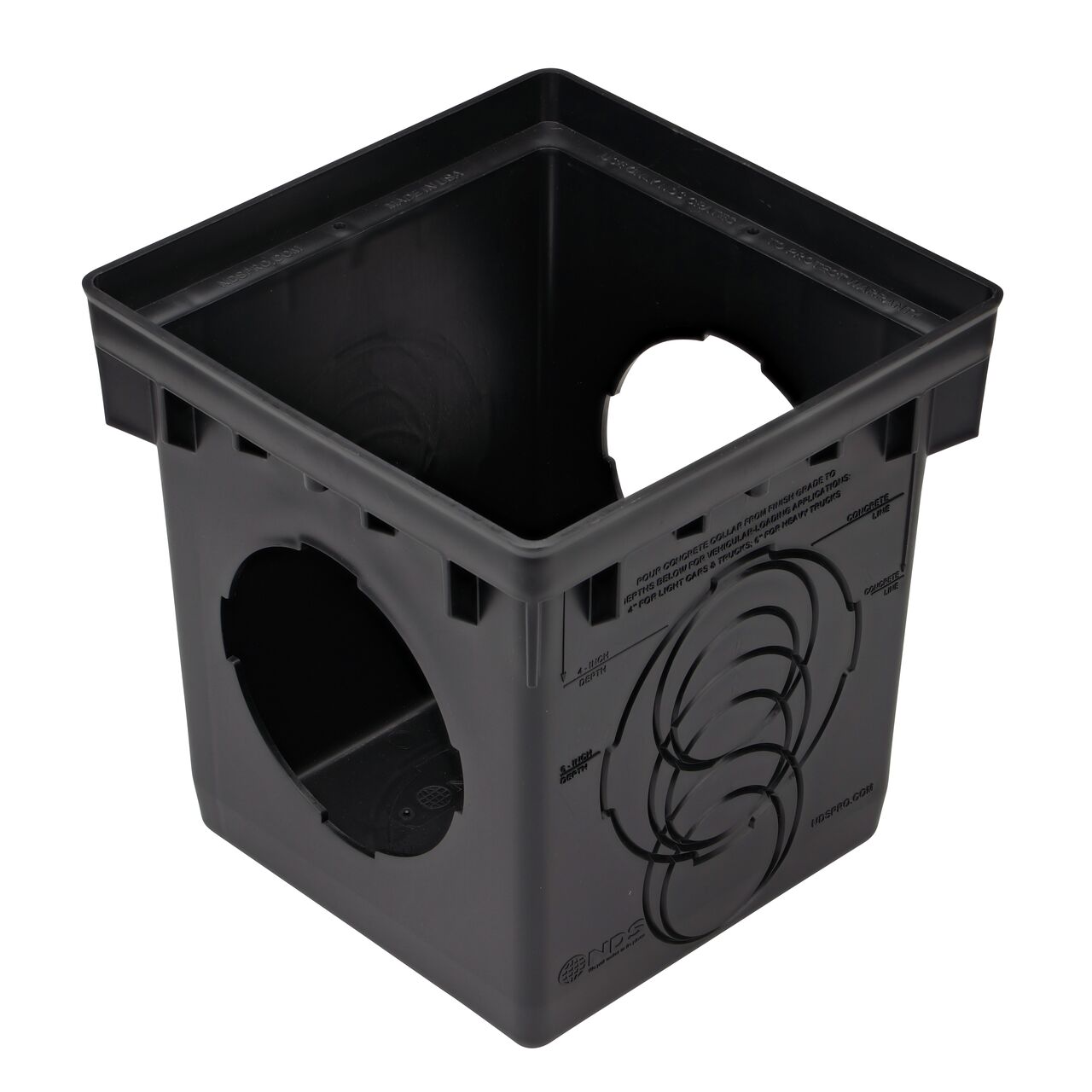 Hero shot of the 12 in. Square Catch Basin Drain with 2 Openings (NDS 1200) which drains water from your yard