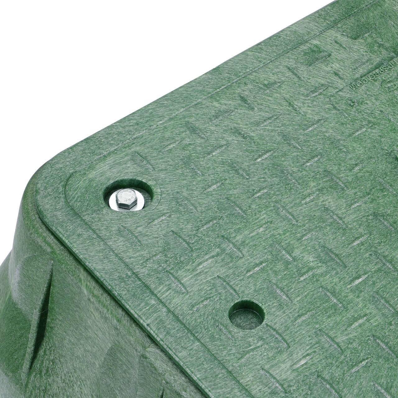 Closeup view of the NDS logo and Irrigation Control Valve markings on the Green Irrigation Control Valve cover for the NDS 13 in. X 24 in. Rectangular Pro-Spec® Series Valve Box (NDS 321BCB)