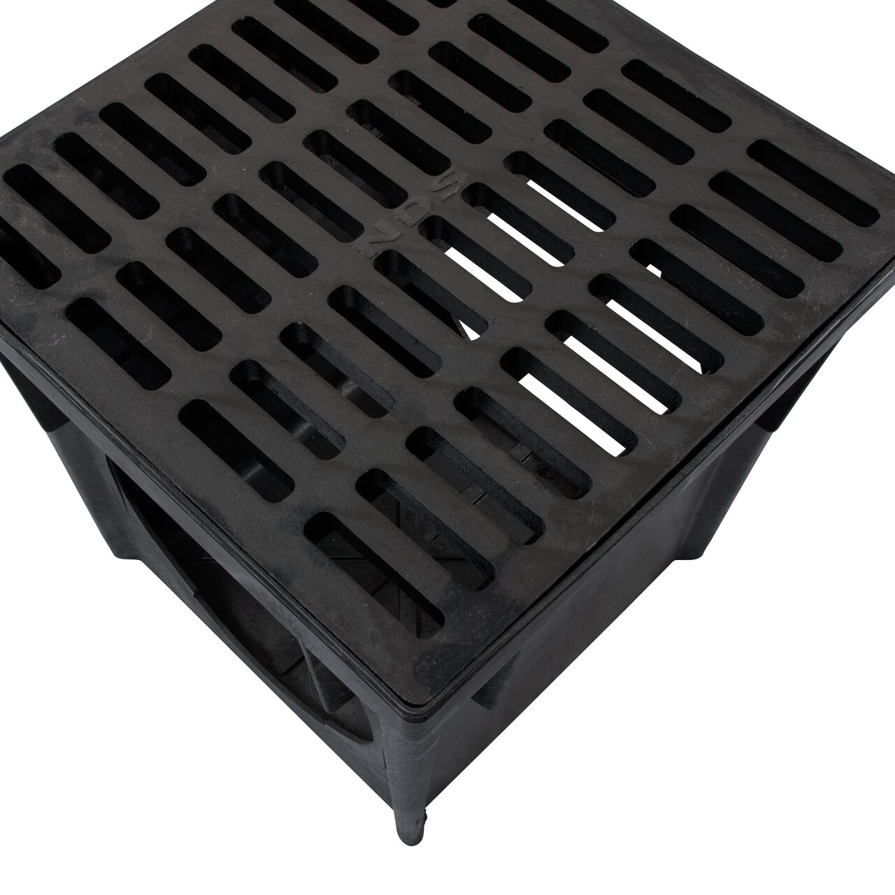 Closeup view of the 24 in. Square Catch Basin Drain Grate, Cast Iron (NDS 2413) which fits on the 24 in. catch basin (NDS 2400) and drains water as it blocks pipe-clogging debris