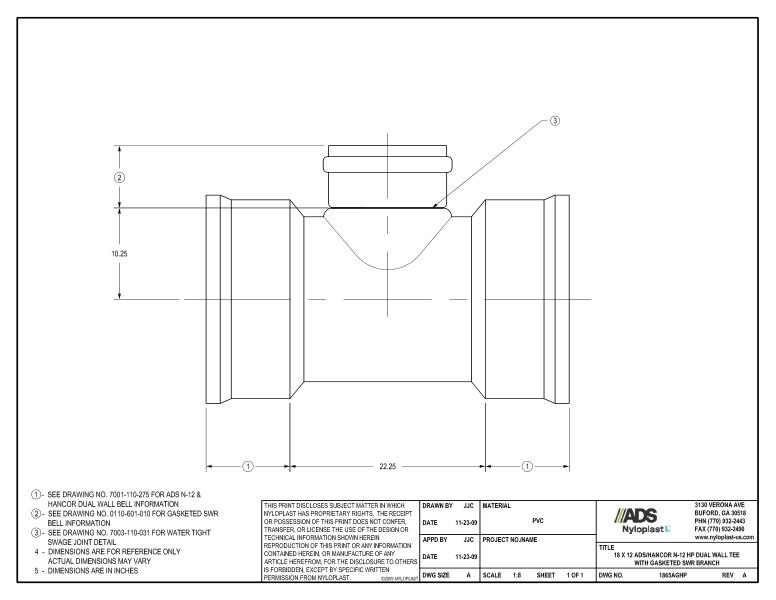 18 x 12 HP Tee with Gasketed SWR Bell Nyloplast Detail