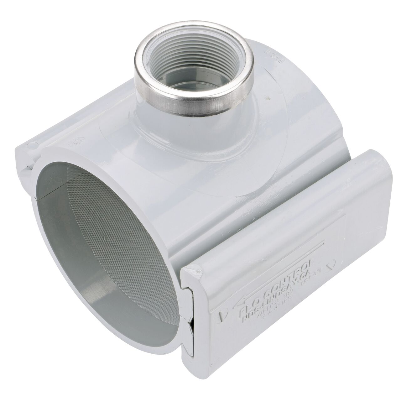 The 1-1/2 in. FPT outlet at the top of the NDS Clamp-It™ Rigid PVC Saddle (NDS 444015) for 4 in. PVC pipe adds a riser or sprinkler to an existing pipeline for agricultural or mining applications