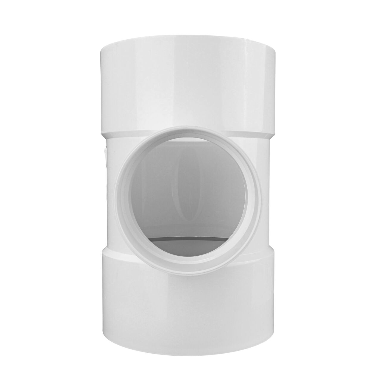 Front view of the middle 4 in. hub connection on the NDS 6 in. X 4 in. PVC tee for Sewer and Drain pipes (NDS 64P01, NDS L64P01)