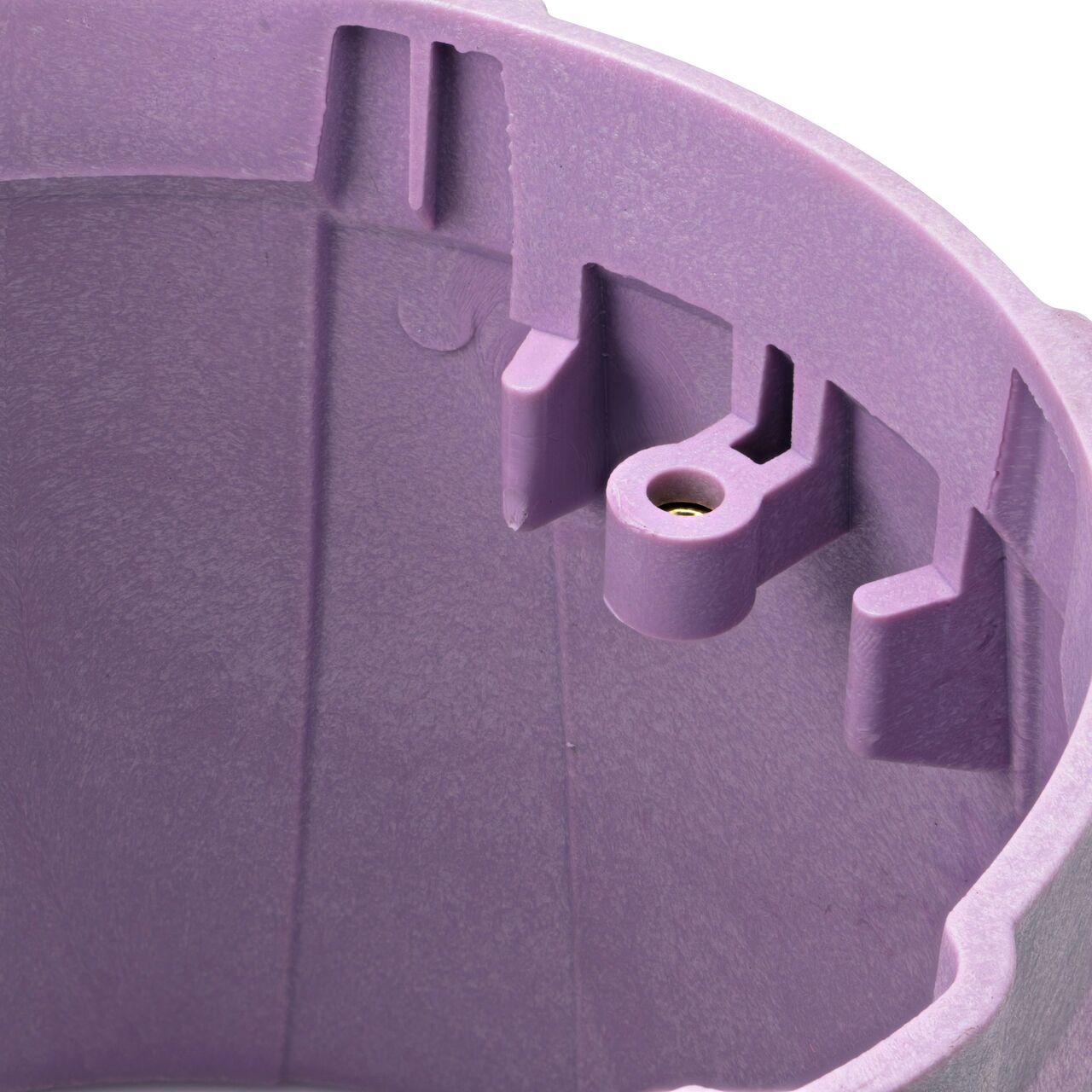 Closeup view of the bolt hole and lid support and the inside reinforced edges on the NDS 10 in. Round Pro-Spec® Series purple reclaimed water box (NDS 312PBCR) for securing valve lid or cover to the valve box