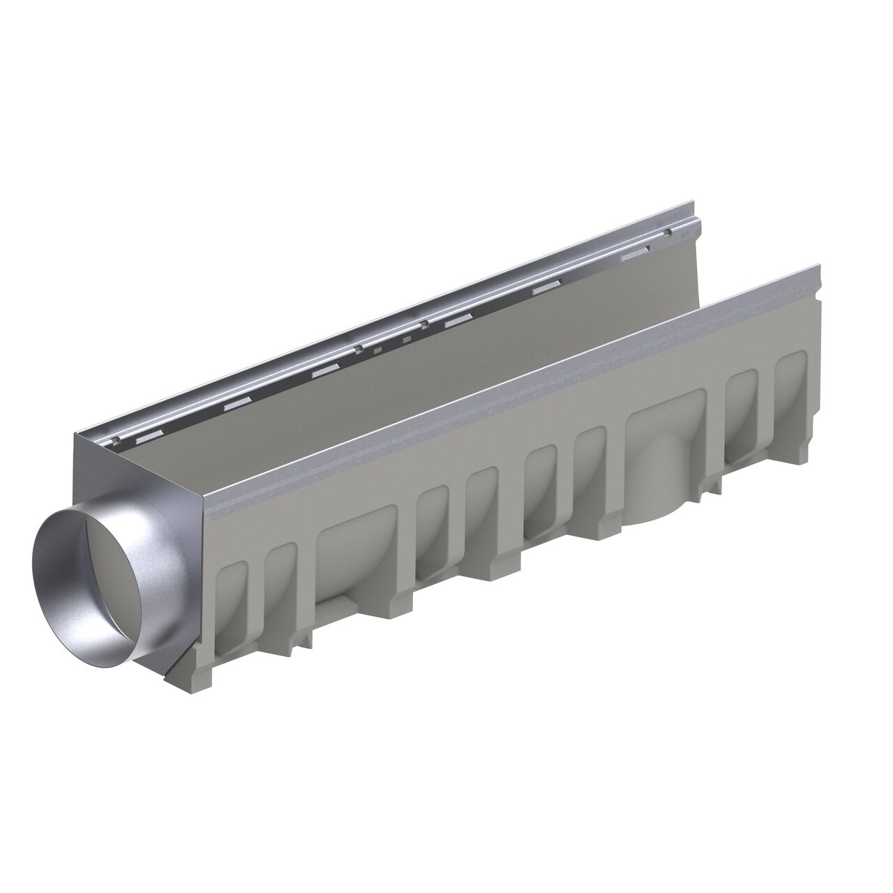 The galvanized steel BG-FILCOTEN® by NDS® 200 Trench Drain End Outlet (NDS 19020216) installed on the female interlocking end of the 8 in. BG-FILCOTEN® pro V 200 Trench Drain with Galvanized Steel Rails