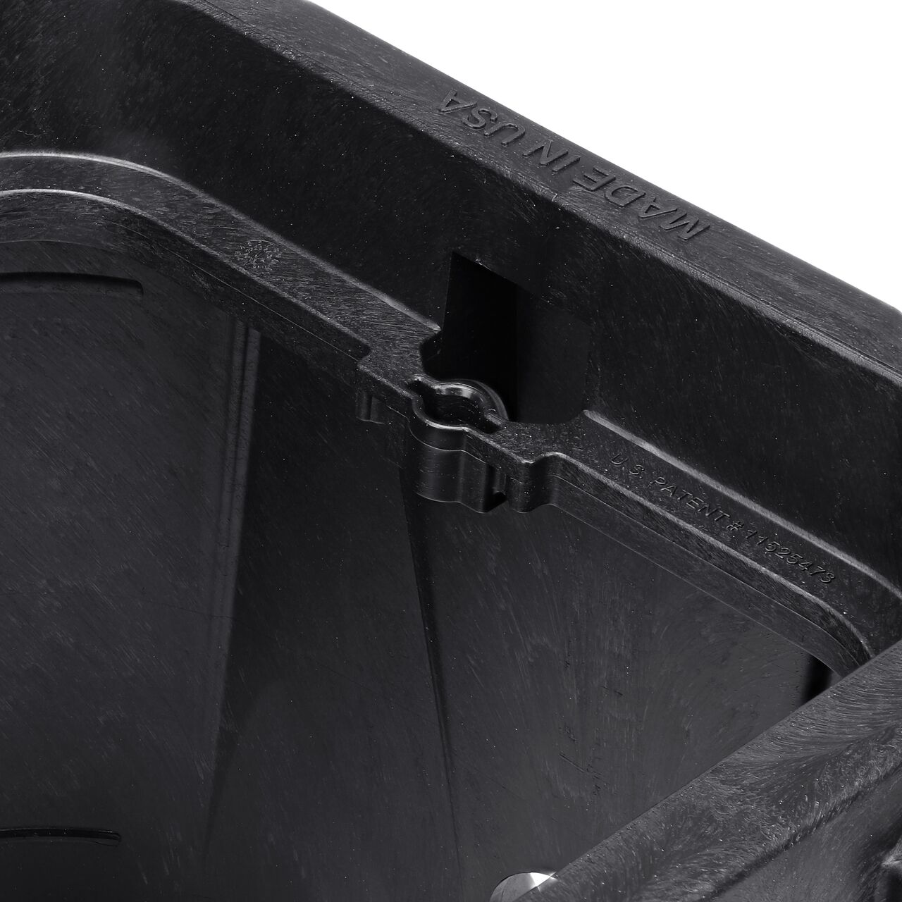 Closeup view of the universal locking mechanism on the Black NDS 14 X 19 in. Rectangular Pro-Spec® Series Valve Box (NDS 313BCBRBLK) for securing valve lid or cover to the valve box