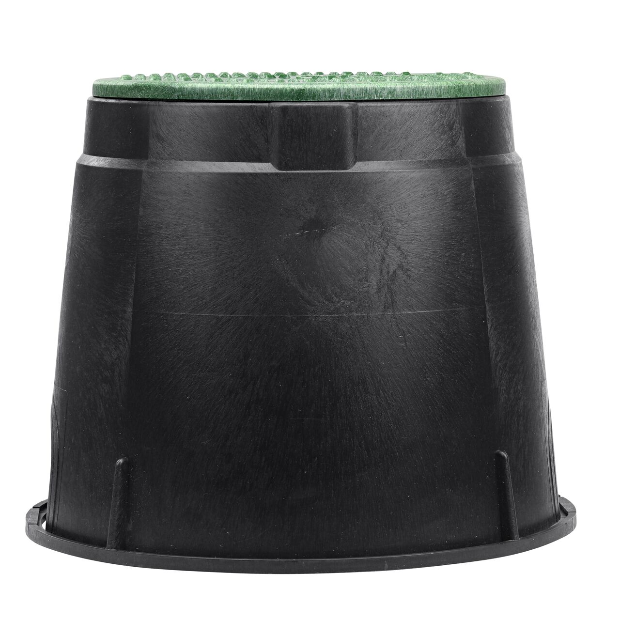 Side view of the non-pipe hole side of the NDS 10 in. Round Standard Series Valve Box & Irrigation Control Valve Cover (NDS 111BCB) which is engineered for superior strength with structural reinforcing ribs