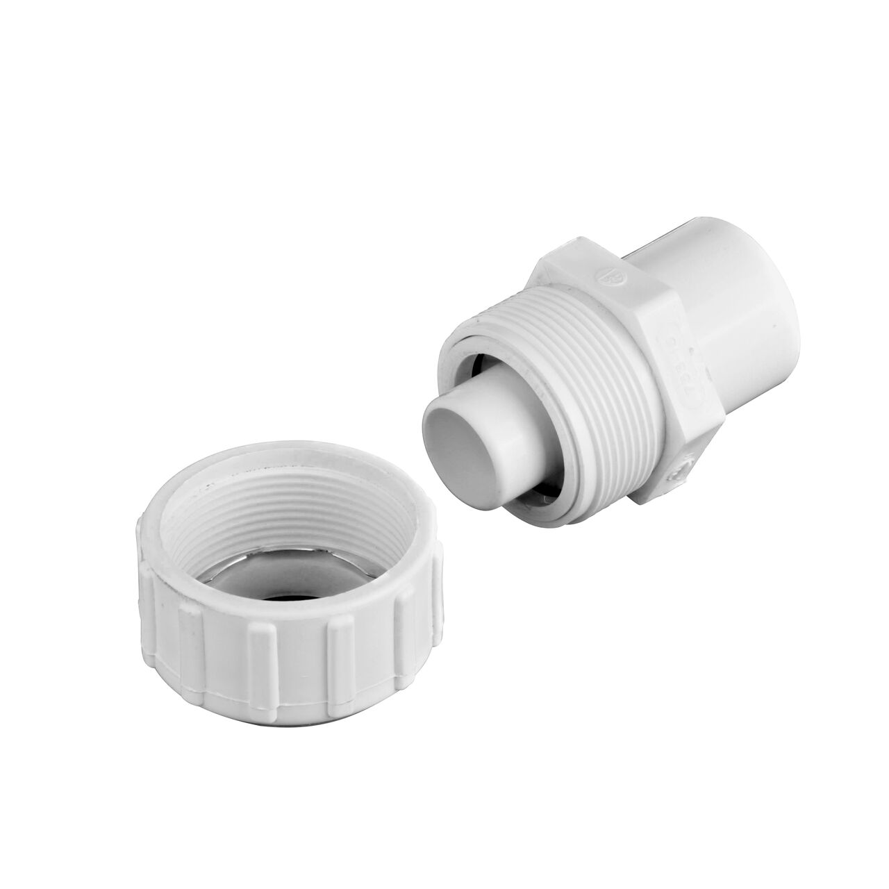 Unassembled NDS 1-1/2 in. IPS Spigot X 1-1/2 in. SDR-9 CTS Flo-Lock™ Gripper Adapter showing where the two ends come apart to secure the adapter to the pipe (NDS 733-15)