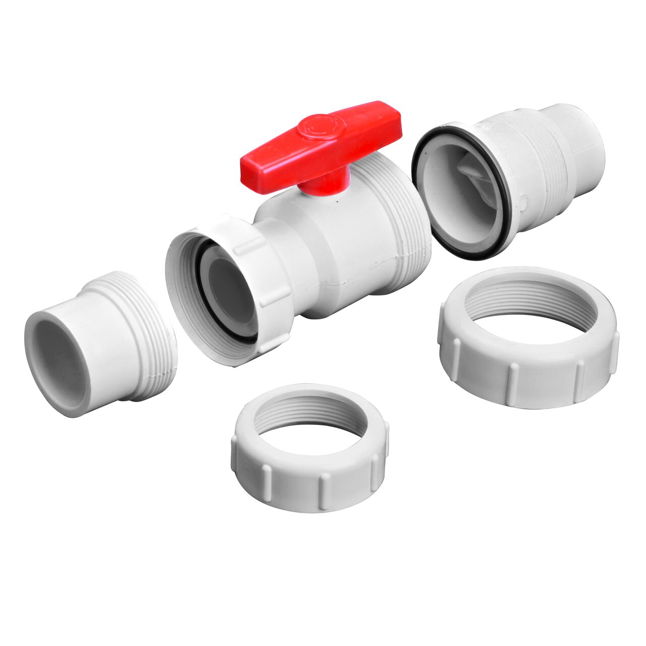 Unassembled from outlet end showing seals on the NDS White 1-1/2 in, IPS U X U Checkmate PVC Swing Check and Ball Valve Combination (NDS 2200-15TU)
