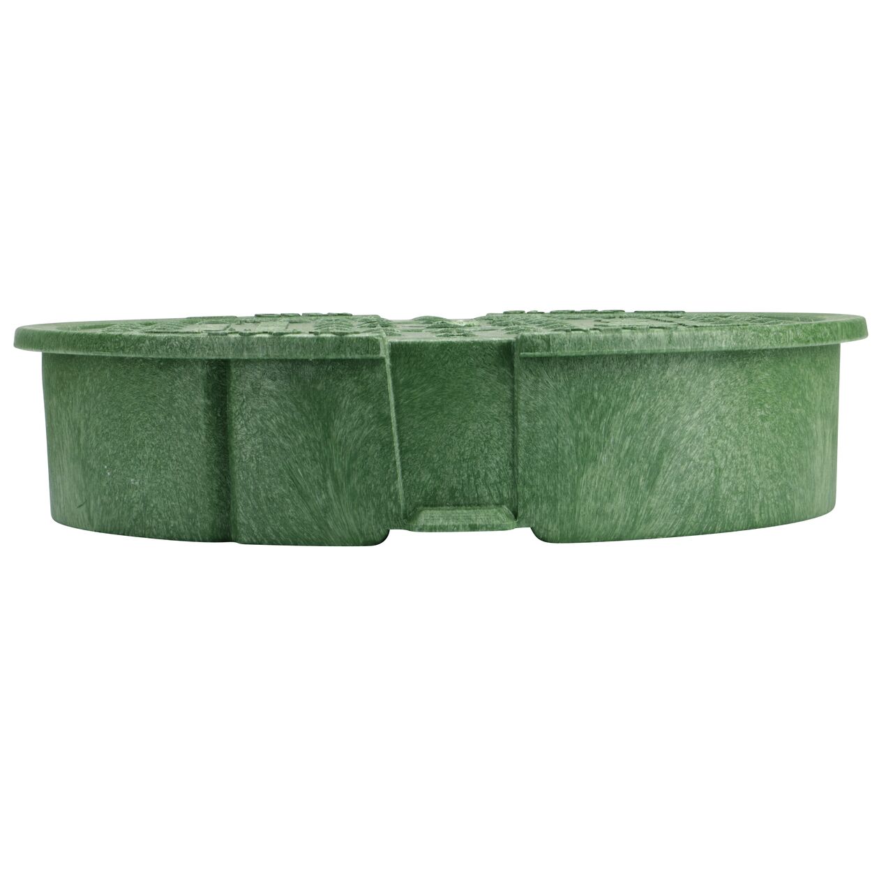 The NDS 10 in. Round Pro-Spec® Series Green Irrigation Control Valve Box Cover (NDS 311C) is an overlapping lid shown here from the side, that prevents dirt and debris from entering the valve box