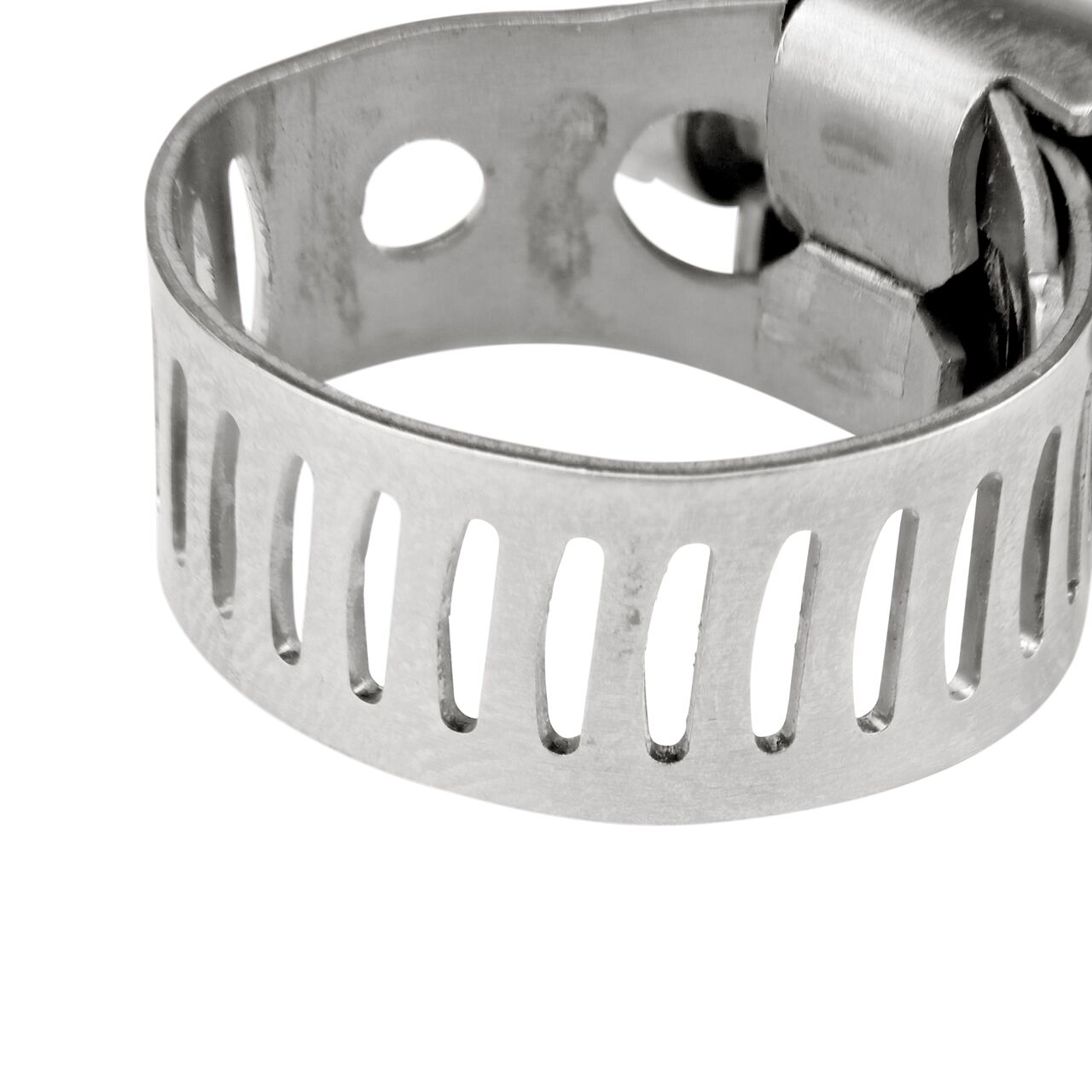 Closeup view of the arcial perforated slots in band for added strength and smoother engagement on the NDS 7/16 - 25/32 in. Worm Drive Hose Clamp SAE 6 with 5/16 in. band width (NDS 3604)