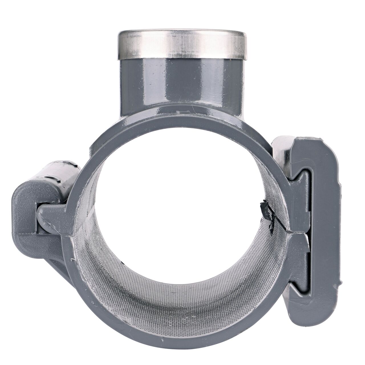 Front facing view of the NDS Clamp-It™ Rigid PVC Saddle with 1-1/2 in. FPT connection on top (NDS 443015) for 3 in. PVC pipe showing both the wedge and hinge sides