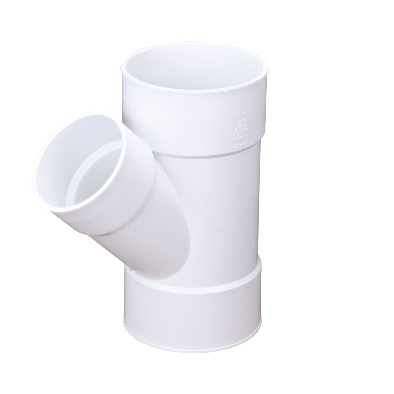PVC 45 degree wye for 8 in. and 6 in. Sewer and Drain pipes, with 8 in. Hub X Hub X 6 in. Hub connection (NDS 86P08)