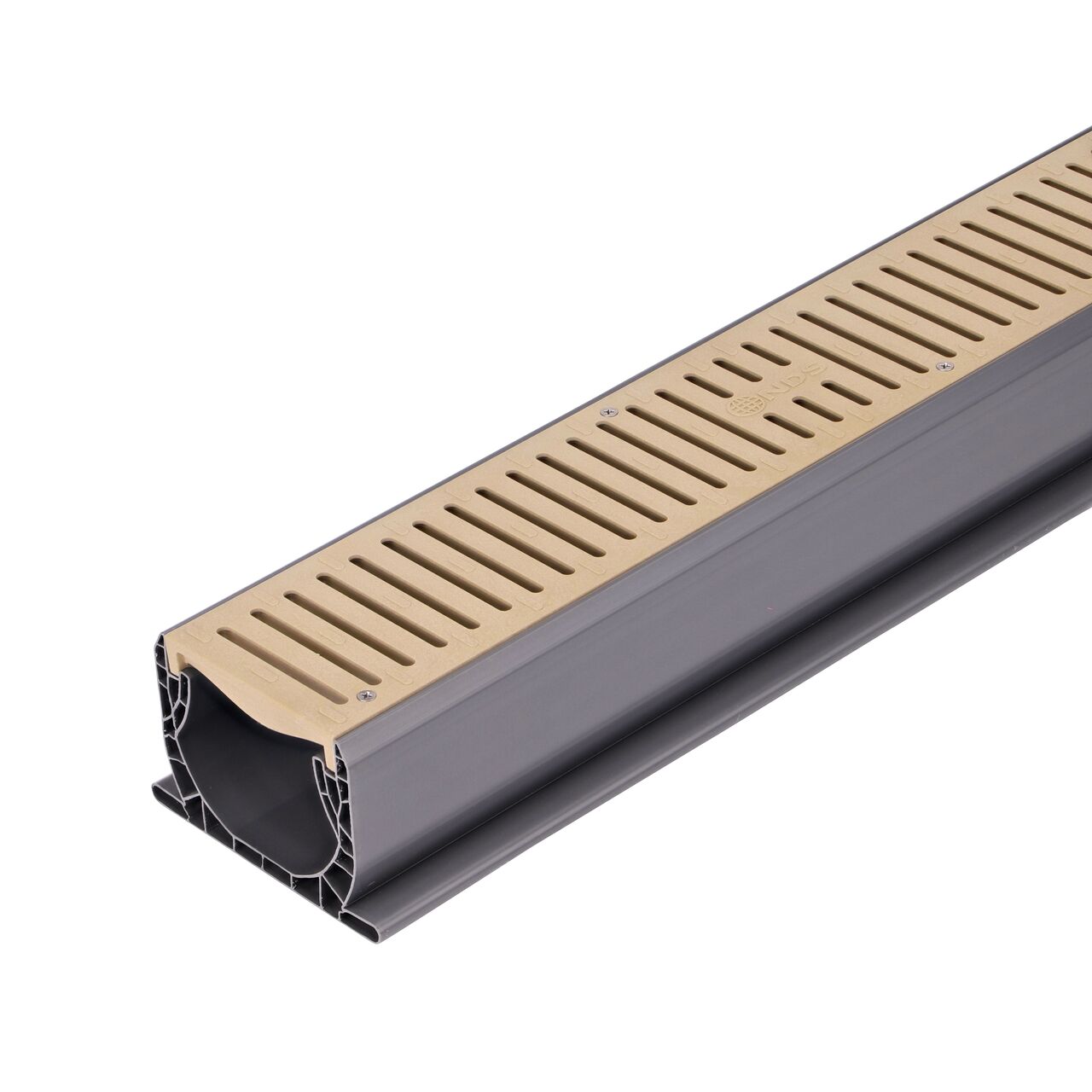 The NDS Spee-D® Channel Drain Grate in Sand Plastic (NDS 244) installed on the NDS Spee-D® Channel Drain