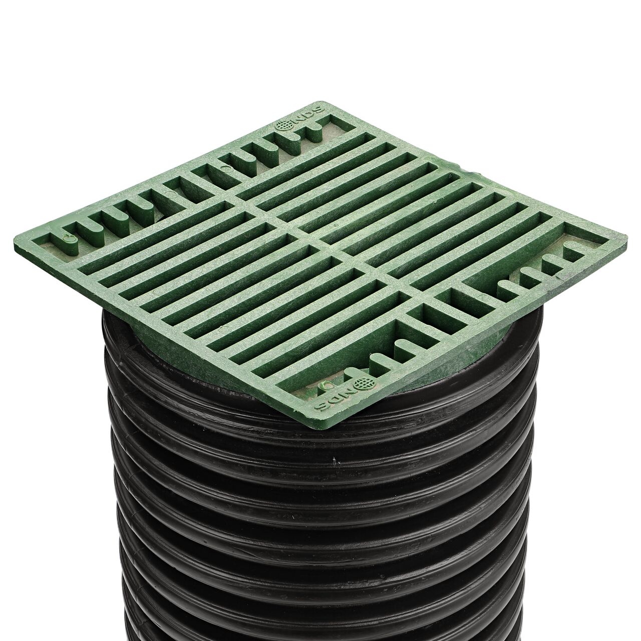 NDS Green plastic 7 in. Square Grate Fits Spee-D® Catch Basin Drain & 6 in. Drain Pipes & Fittings installed on 6 in. Corrugated Pipe (NDS 772)