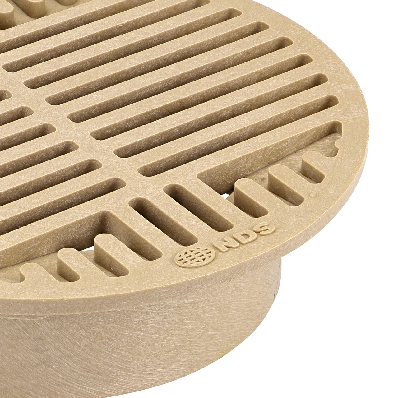 Closeup view of the NDS 8 in. Sand Round Pipe Drain Grate showing the edge of the drain and the pipe connection point on the side (NDS 30S)