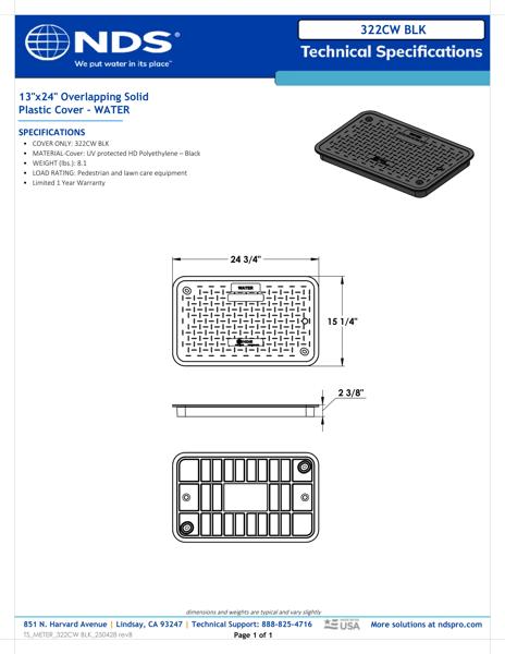 NDS 13 in. X 24 in. Rectangular Pro-Spec® Series Black Water Valve Box Cover Tech Spec