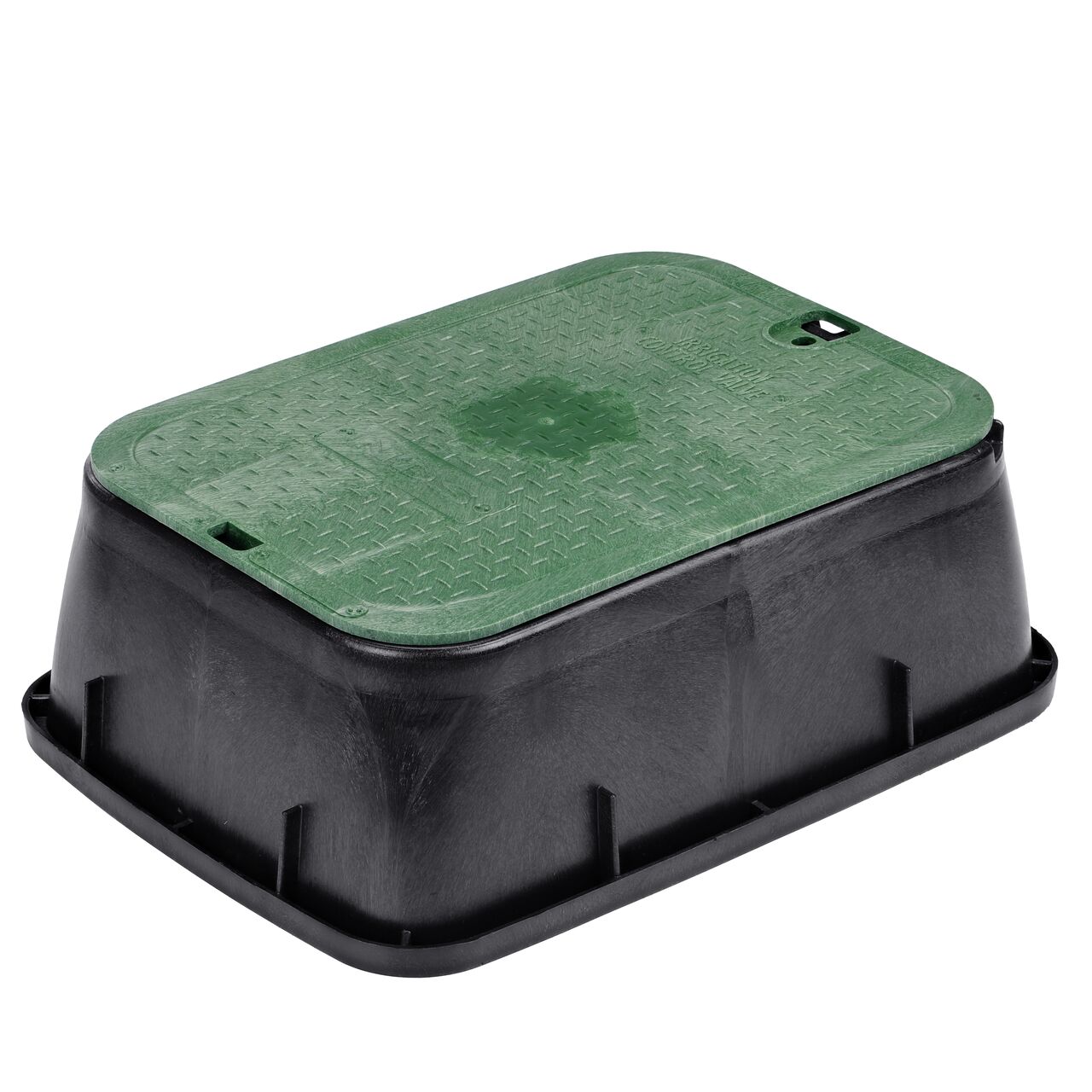 The NDS 14 in. x 19 in. Rectangular Standard Series Valve Tapered Extension Box and Cover is a 6-3/8 in. high Black Box and Green Cover with Irrigation Control Valve markings on the overlapping lid (NDS 115TBC) and protects underground irrigation and sprinkler system components and keeps them out of sight