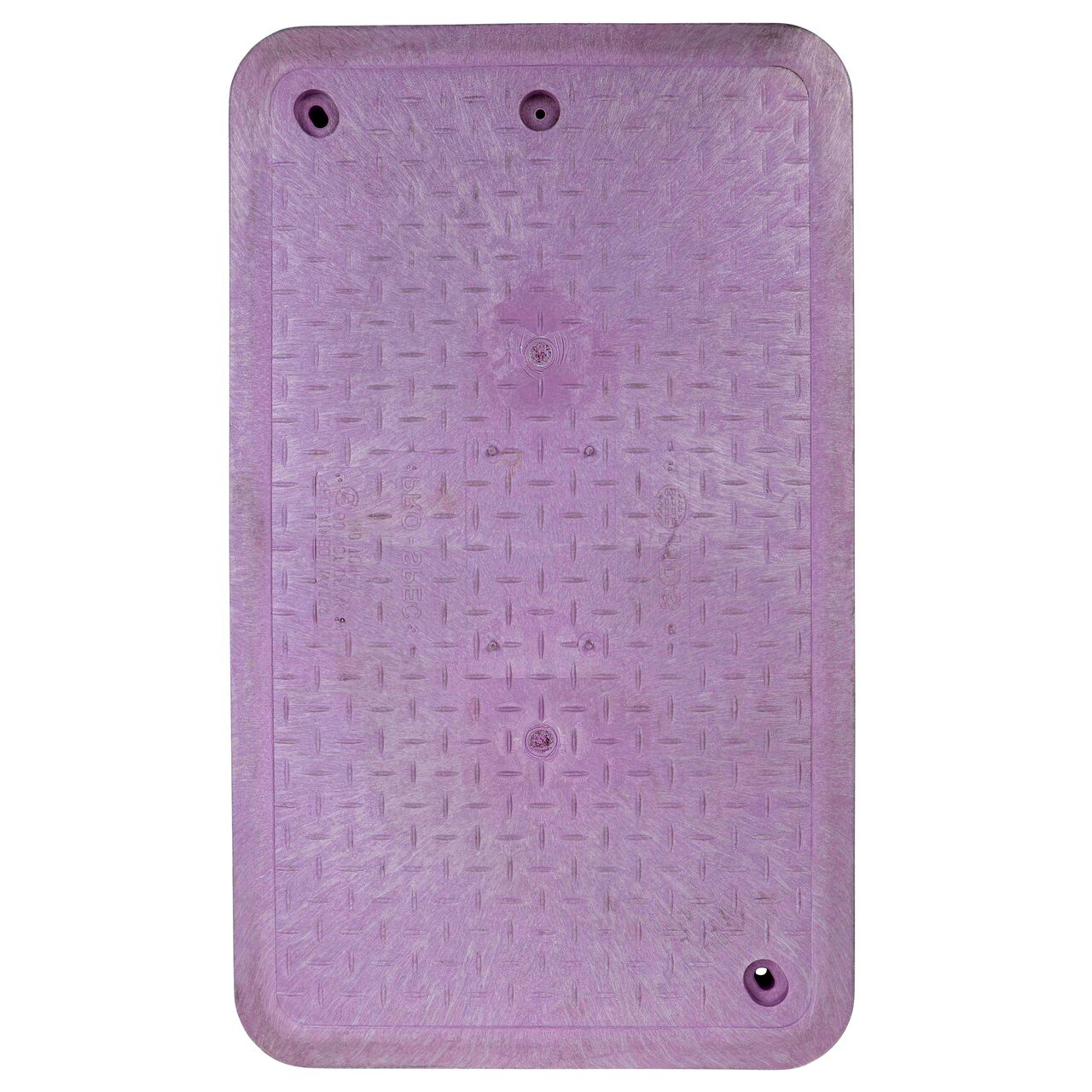 Top down view of the top side of the Purple Reclaimed Water overlapping cover (NDS 323CR) for the NDS 17 in. X 30 in. Rectangular Pro-Spec® Series