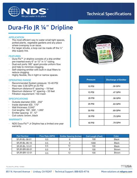 NDS 1/4 in. Dura Flo™ JR Dripline Tech Spec