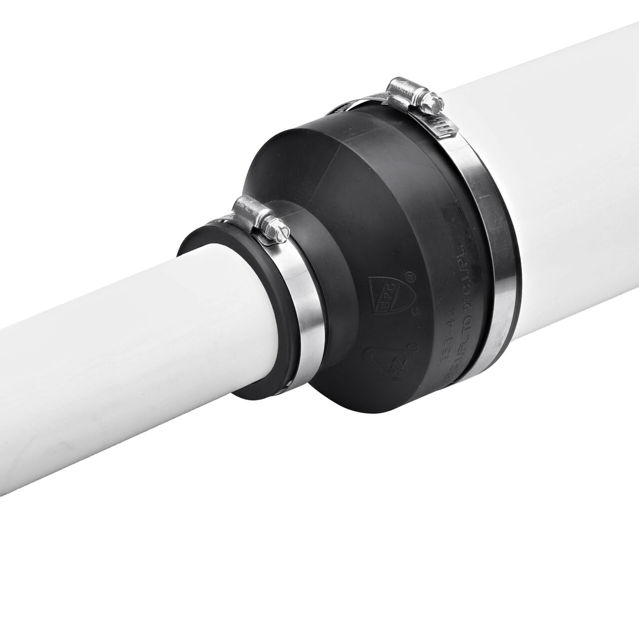 The NDS 4 in. X 2 in. flex coupling installation step shows how to connect to pipe to form a positive seal against infiltration and exfiltration in non-pressure environments (NDS 56-42)
