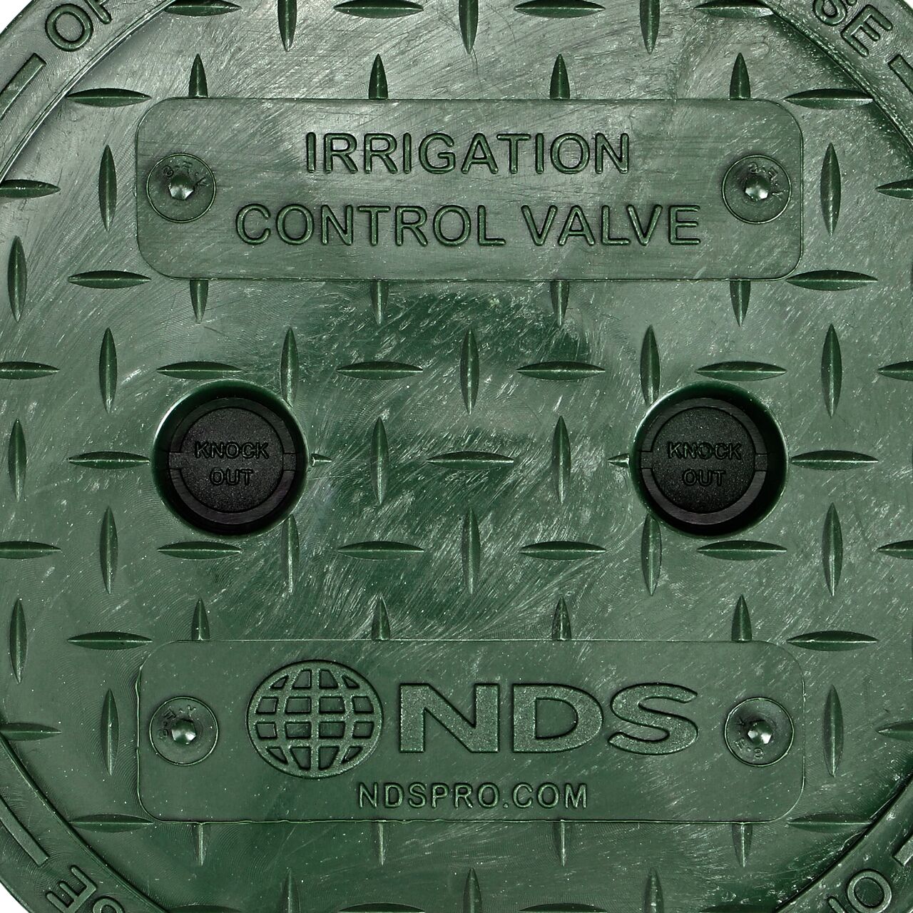 Closeup view of the Irrigation Control Valve markings on the Green ICV cover for the NDS 6 in. Round Standard Series Valve Box (NDS 2107C)