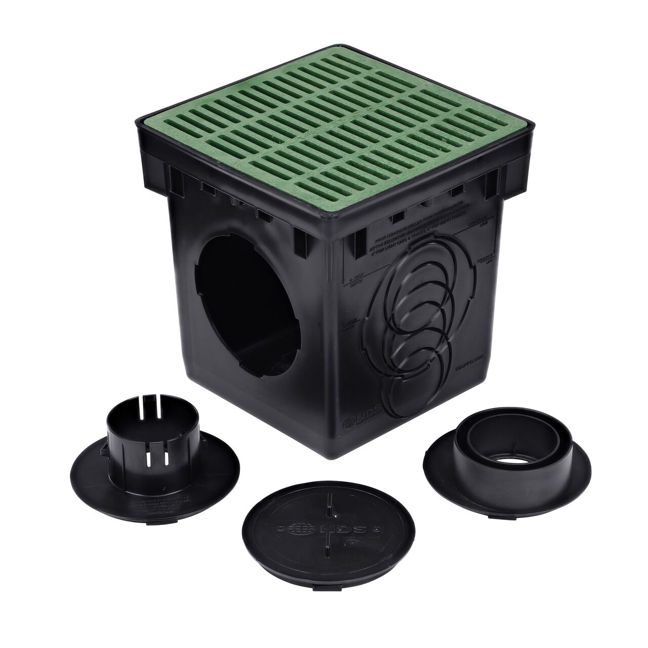 The unassembled NDS 12 in. Catch Basin Drain Kit with green grate (NDS 1200GRKIT) includes two adapters for both outlets