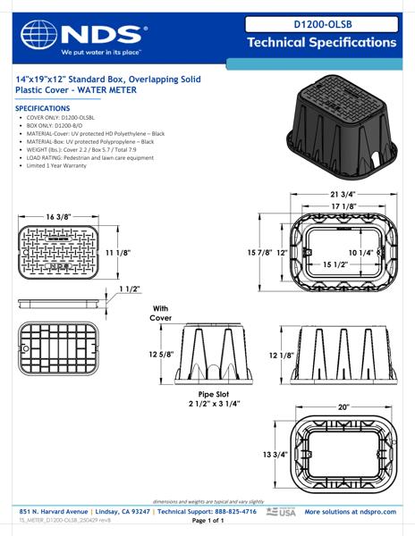 NDS 14 in. X 19 in. Rectangular D1200 Meter Box and Cover, 12 in. Height, Black Box, Black Water Meter Cover Tech Spec