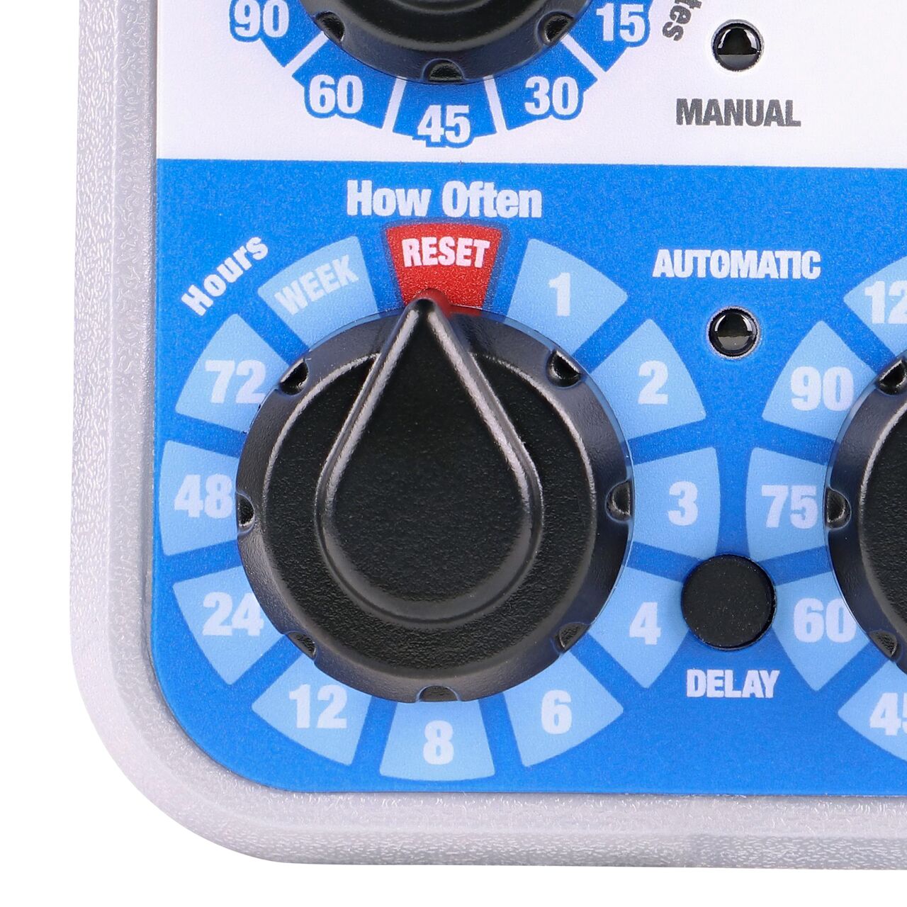 Closeup straight on view of the frequency control dial (How Often) on the NDS Automatic Water Timer (NDS A675CT)