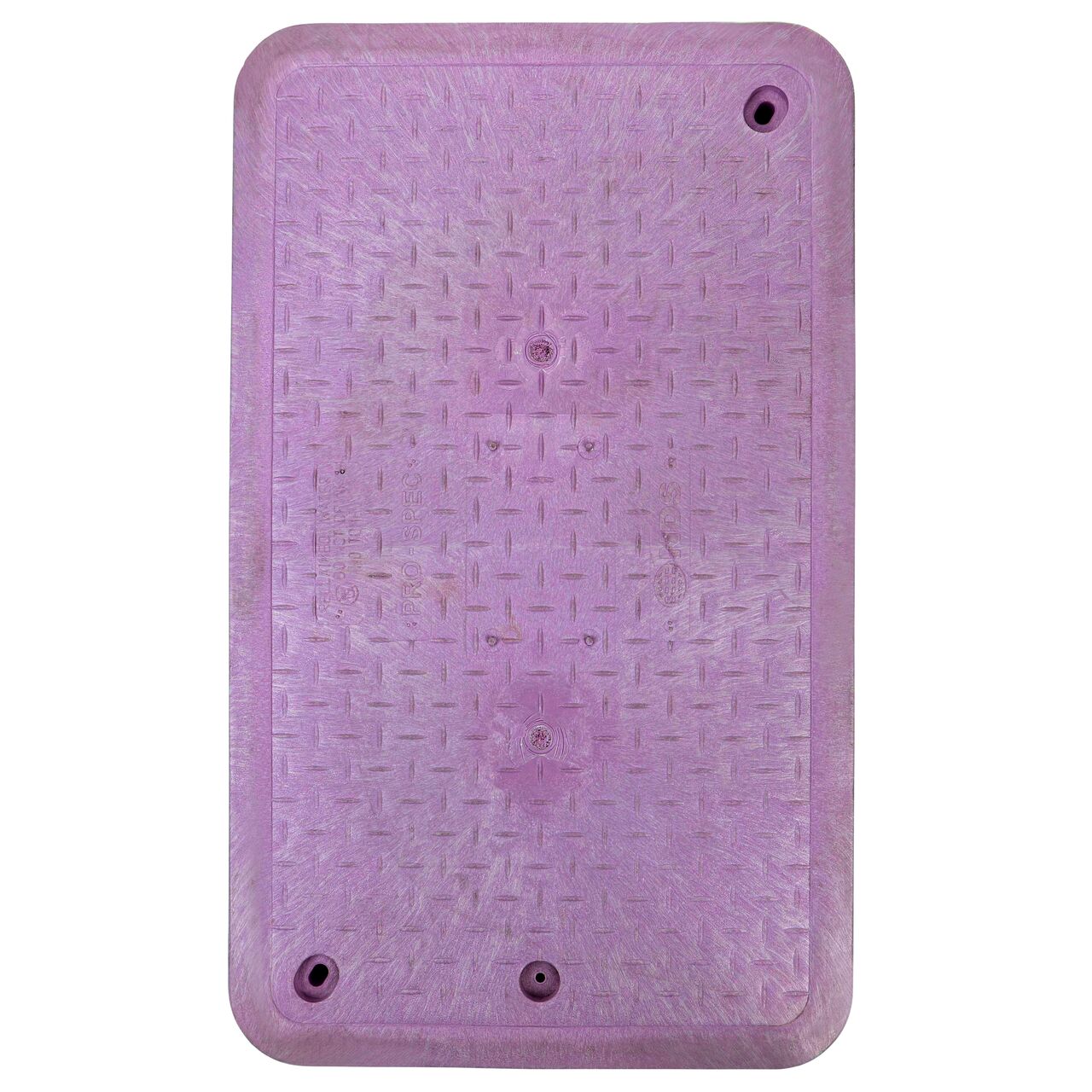 Top down view of the top side of the Purple Water cover for the NDS 17 in. X 30 in. Rectangular Pro-Spec® Series Valve Box (NDS 326PBCBR) showing the Purple Water markings