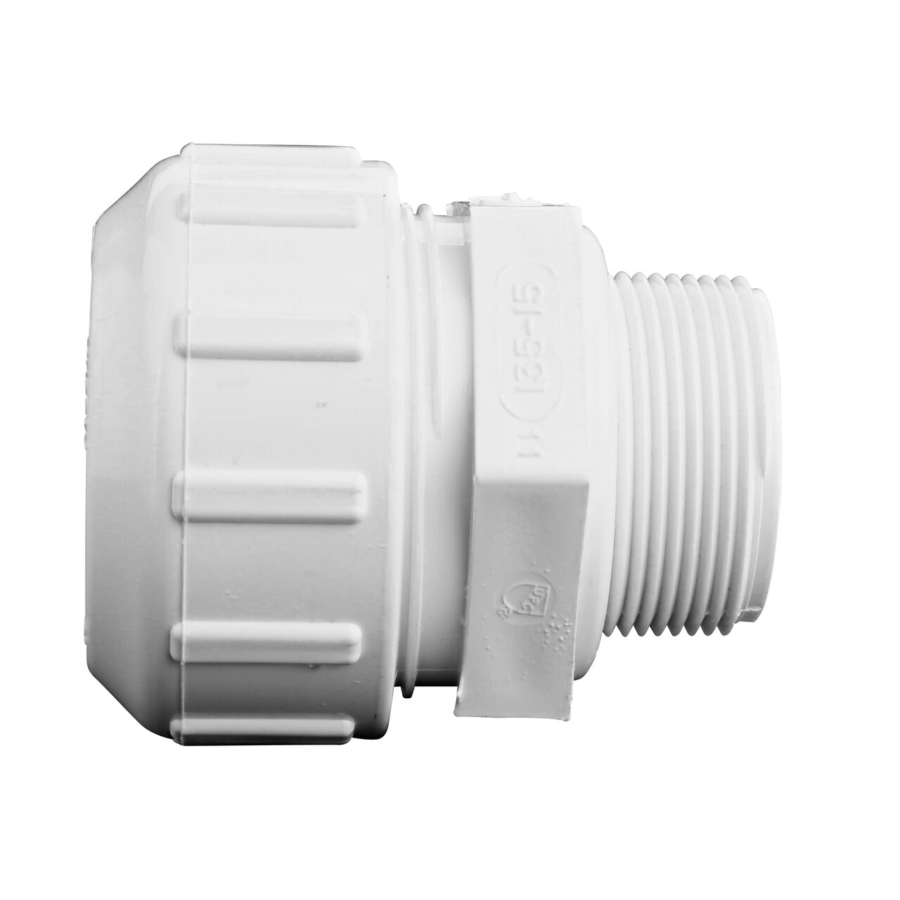 Side View of the NDS 1 1/2 in. Flo Lock Gripper Adapter (NDS 135-15) which transports water through pipes