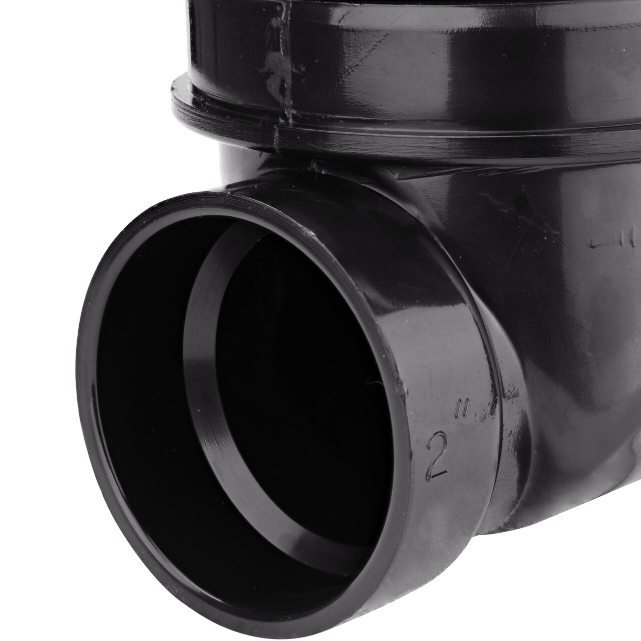 Closeup of the lower outlet end of the NDS Black 2 in. Backwater Valve (NDS 275)