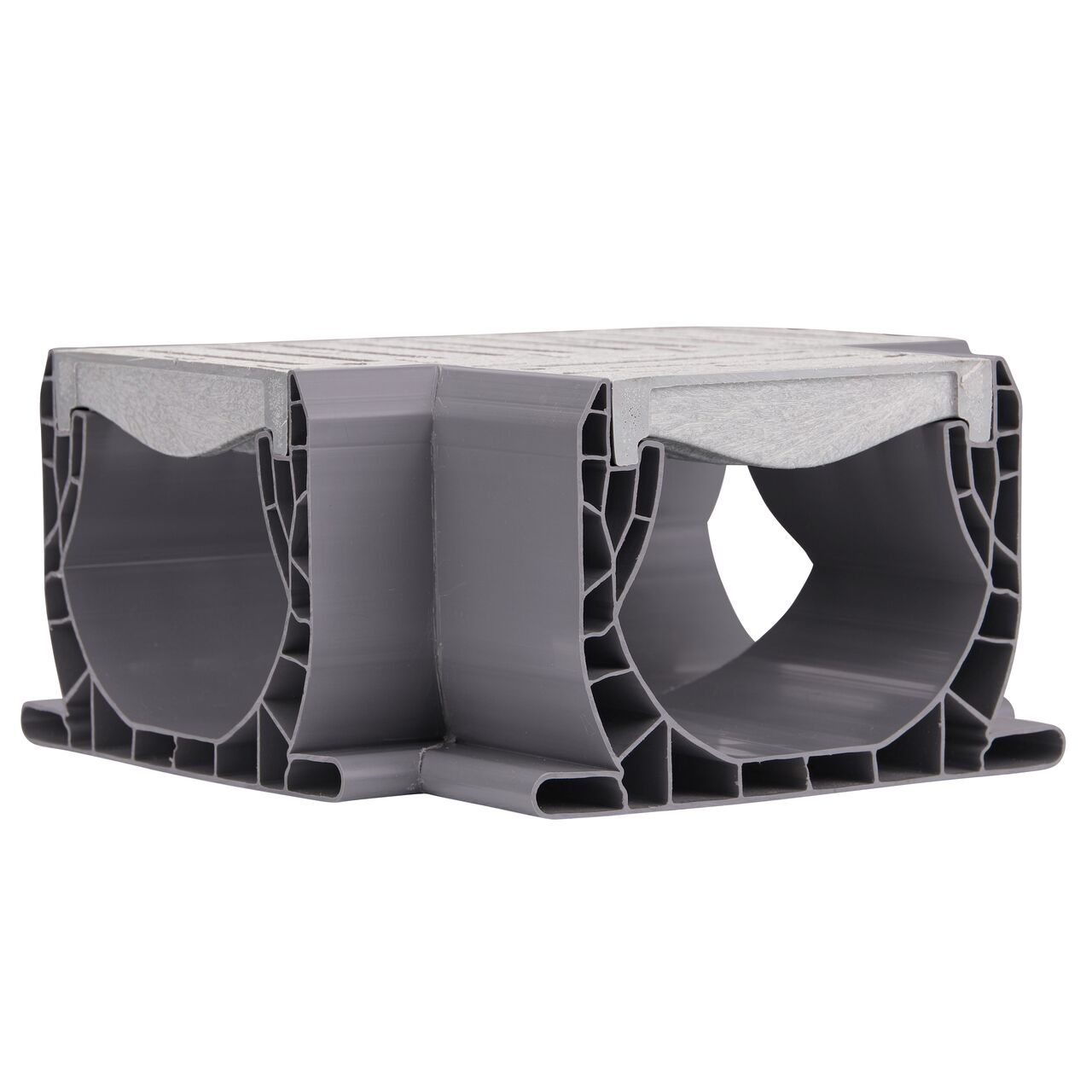 Side view of 90 degree angles that make up the Tee on the Spee-D® Channel Drain and Grate with Tee (NDS 2371)