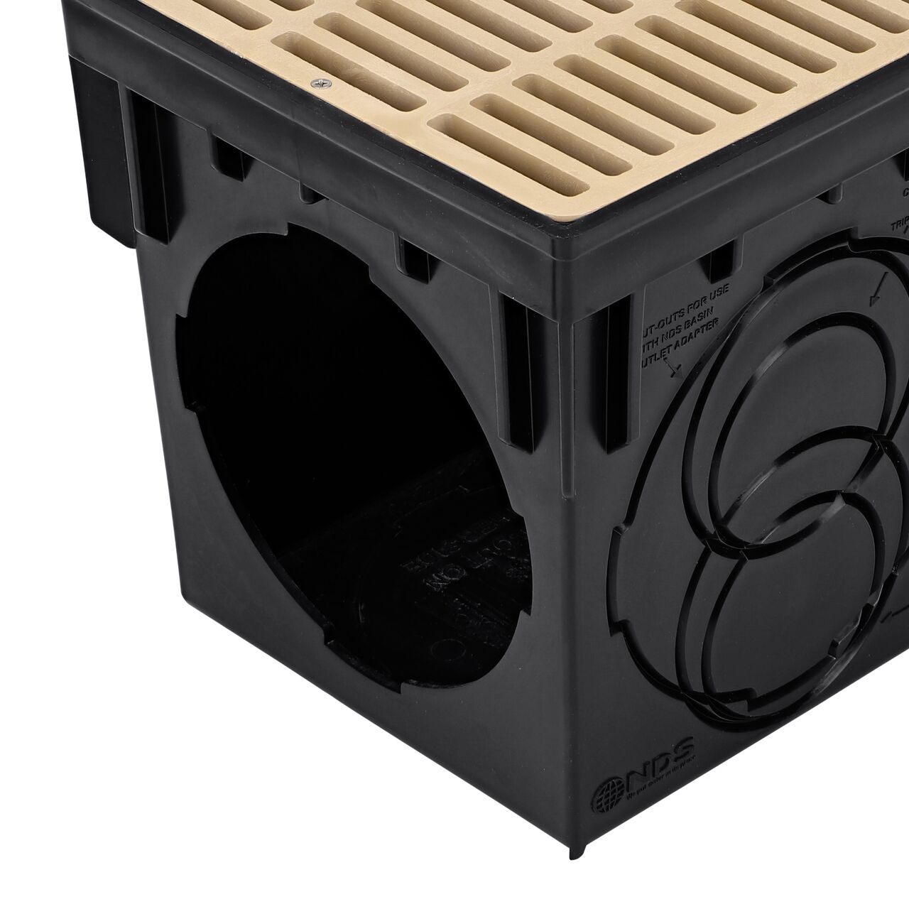 Closeup view of one opening on the NDS 9 in. Catch Basin Drain Kit with sand plastic grates (NDS 900SKIT) where the pipe adapters lock in place to help drain water from flooded areas