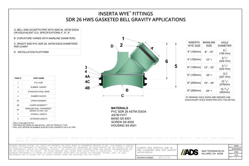 Inserta Wye SDR26 HWS Gasketed Bell for Gravity Applications Detail