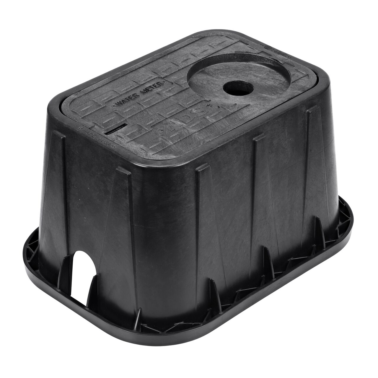 The NDS 14 in. X 19 in. Rectangular Meter Box and AMR Locking Cover is a 12 in. high Black Box and Black Drop-in Cover with Water Meter markings (NDS D12-TAMR) with 2 in. Touch Reader Hole and 7 in. recess