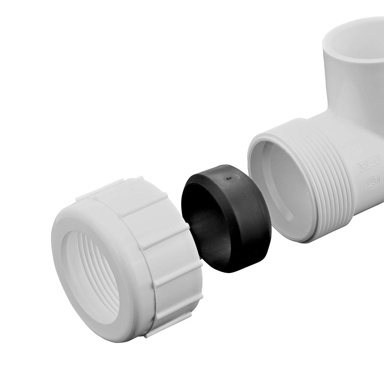 Closeup view of the NDS PVC Threaded Tees showing the compression end with 1-1/4 in. adjustable nuts removed and once installed provides a leak resistant connection (NDS CPT-1250-S)
