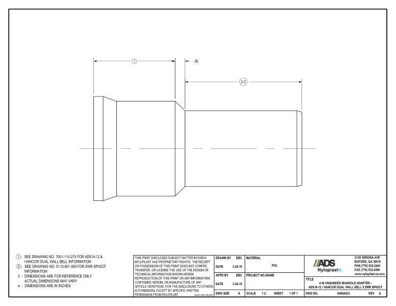 4" Unsanded Manhole Adapter - N-12 Dual Wall Bell x SWR Spigot Nyloplast Detail