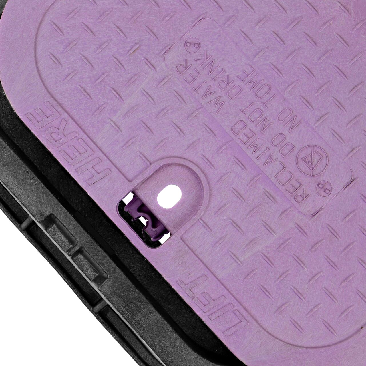 Align the bolt hole on the lid with the bolt hole from the NDS 14 X 19 in. Rectangular Standard Series Black Box Extension and Purple Reclaimed Water Cover (NDS 115BCR) for a secure fit