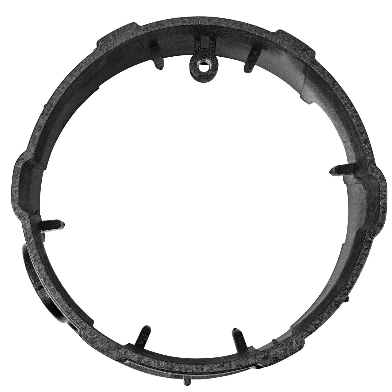 Top down view of the inside of the durable Black plastic 10 in. Round Pro-Spec® Series Valve Box (NDS 311B) showing bolt hole, and twist and lock feature to secure the valve cover to the valve box