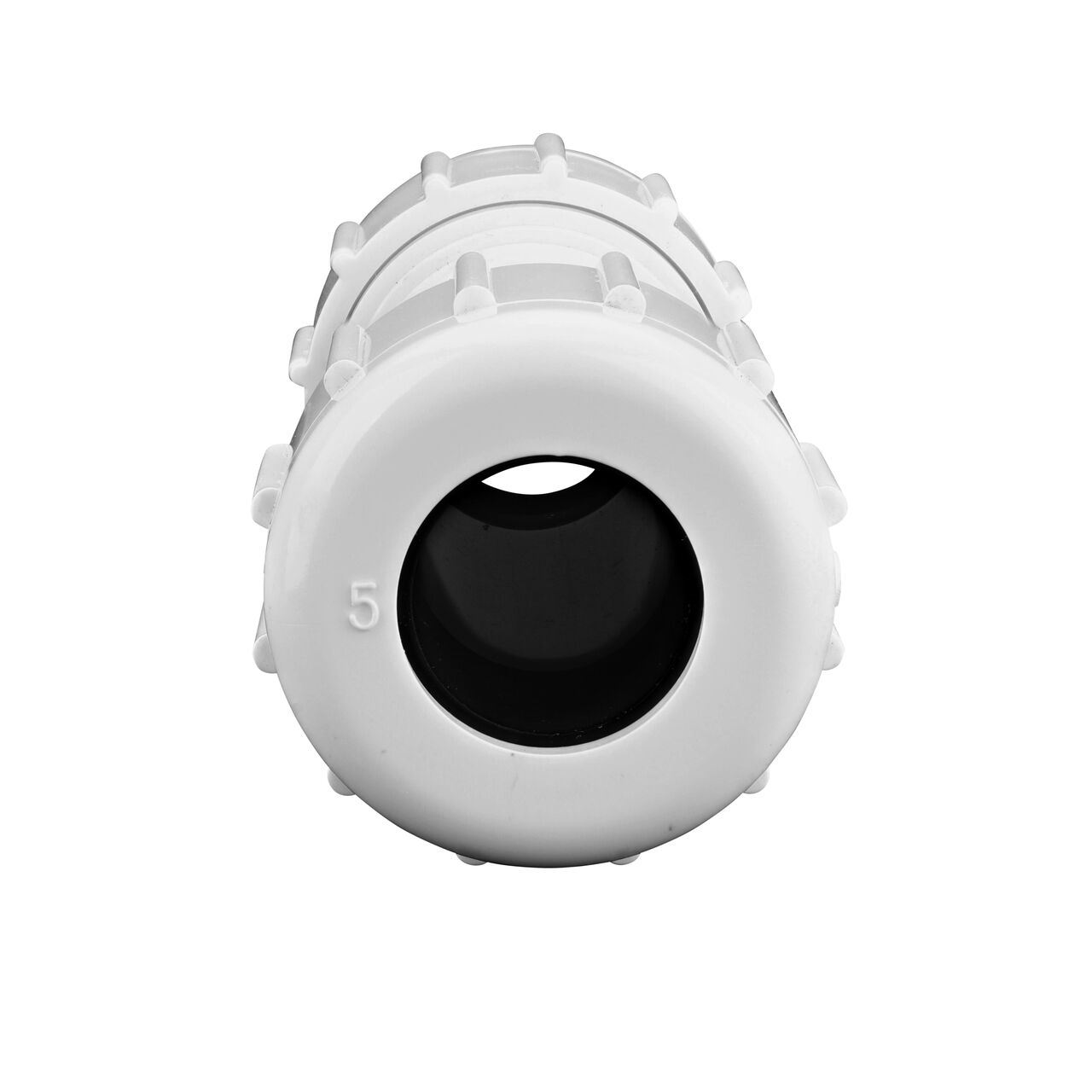 The NDS 1/2 in. IPS UC Compression Coupling showing the gasket inside the adjustable nut that secures it in place once installed (NDS CPC-0500)