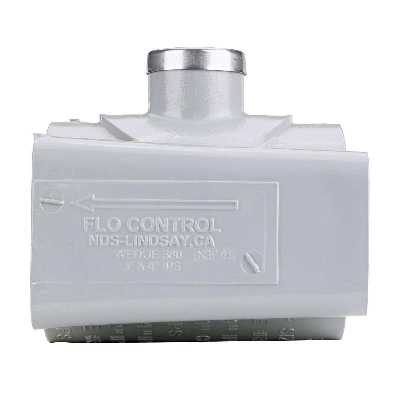 Side view showing patented wedge design in locked position on the NDS Clamp-It™ Rigid PVC Saddle with 1 in. FPT connection on top (NDS 443010) for 3 in. PVC pipe