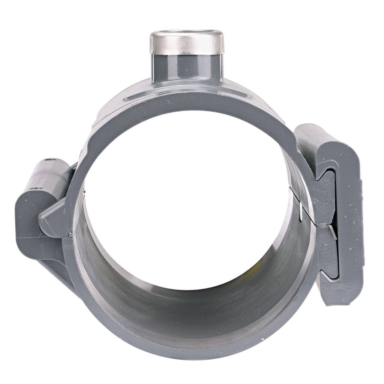 Front facing view of the NDS Clamp-It™ Rigid PVC Saddle with 3/4 in. FPT connection on top (NDS 444007) for 4 in. PVC pipe showing both the wedge and hinge sides