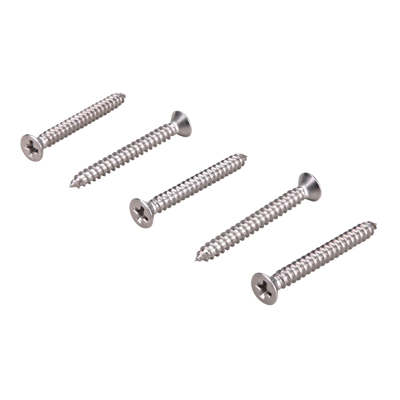 View of 5 Phillips Flat Head screws in alternating tip to head positions to show both ends (NDS 846)